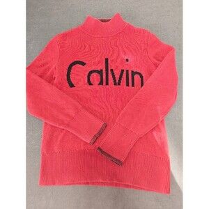 Calvin Klein Jeans Women's Red Cotton Knit Mock Neck Logo Pullover Sweater S